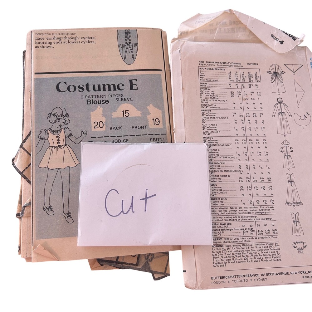 Butterick Sewing Pattern Girls Size 4 Multi Pilgrim Colonial Dutch Gypsy 4206 - Picture 2 of 3